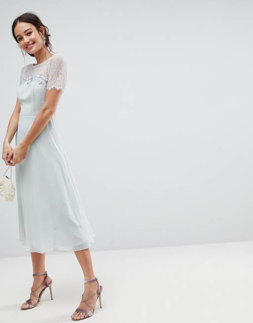 ASOS - Vestito midi con inserti in pizzo e decorazioni a fiori