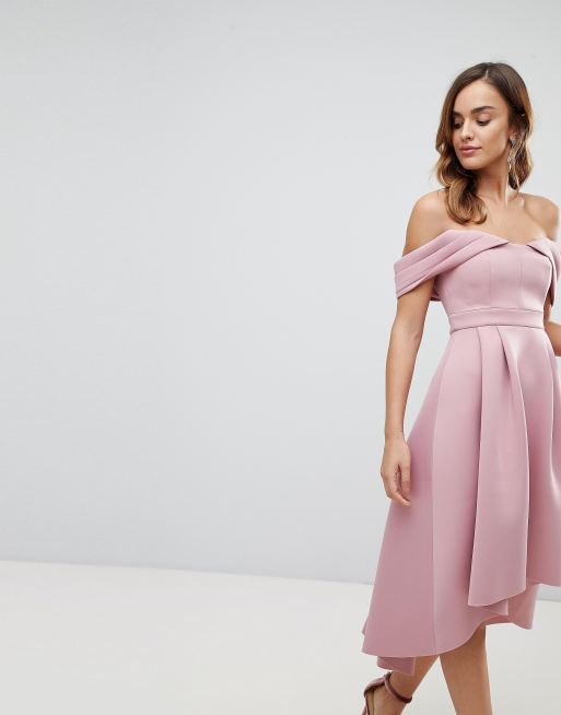 ASOS - Vestito midi da cerimonia con scollo Bardot, spalle ...