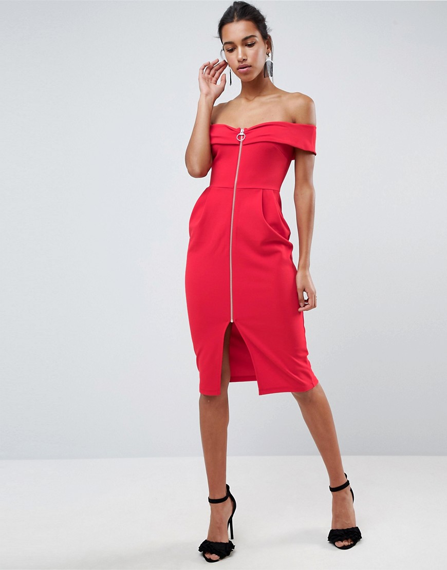 Asos Design - Asos - vestito midi stile bardot con zip-rosso