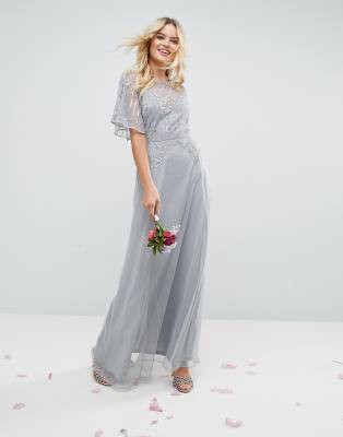 ASOS WEDDING Embellished Lace Insert Flutter Sleeve Maxi Dress