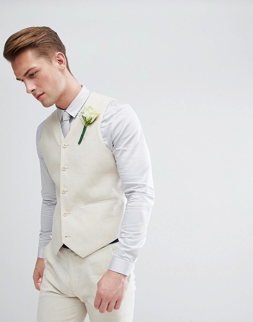 ASOS Wedding - Gilet da abito super skinny in lino color pietra