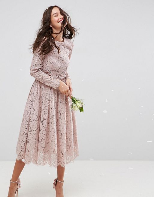 ASOS | ASOS WEDDING Lace Long Sleeve Midi Prom Dress