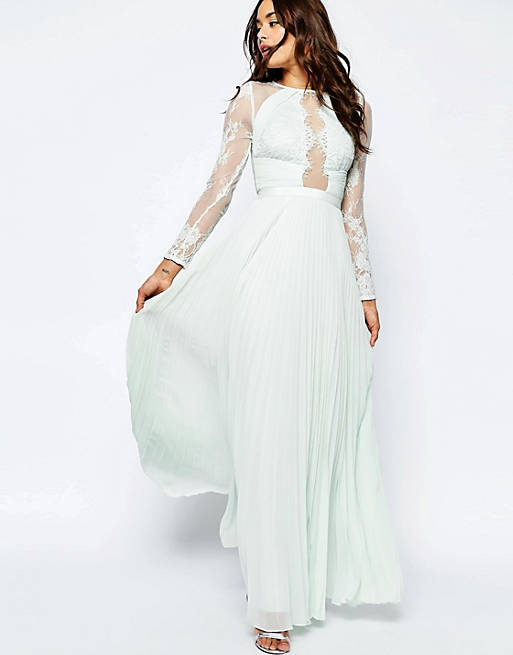ASOS WEDDING Pretty Lace Eyelash Pleated Maxi Dress