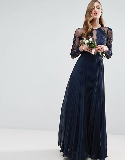 ASOS WEDDING Pretty Lace Eyelash Pleated Maxi Dress | ASOS
