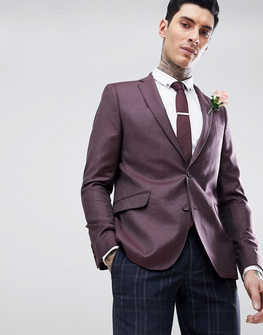 Asos Design - Asos wedding skinny blazer in burgundy 100% merino wool-red