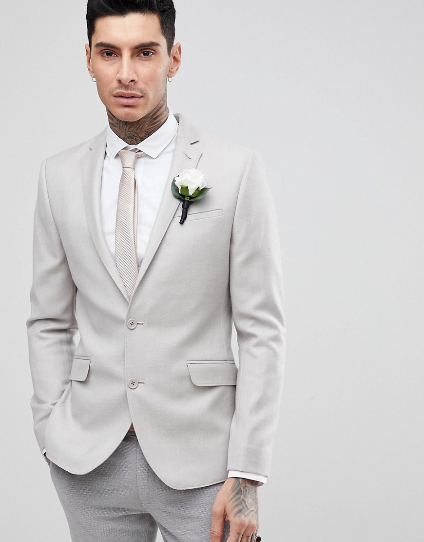 ASOS WEDDING - Skinny blazer van 100% merinowol in kleikleur-Grijs