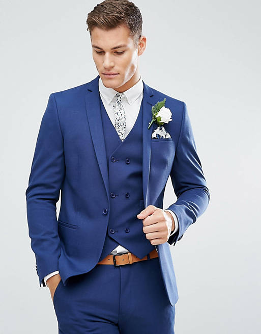 ASOS Wedding Skinny Suit Jacket in Blue Cross Hatch with Printed Lining ...