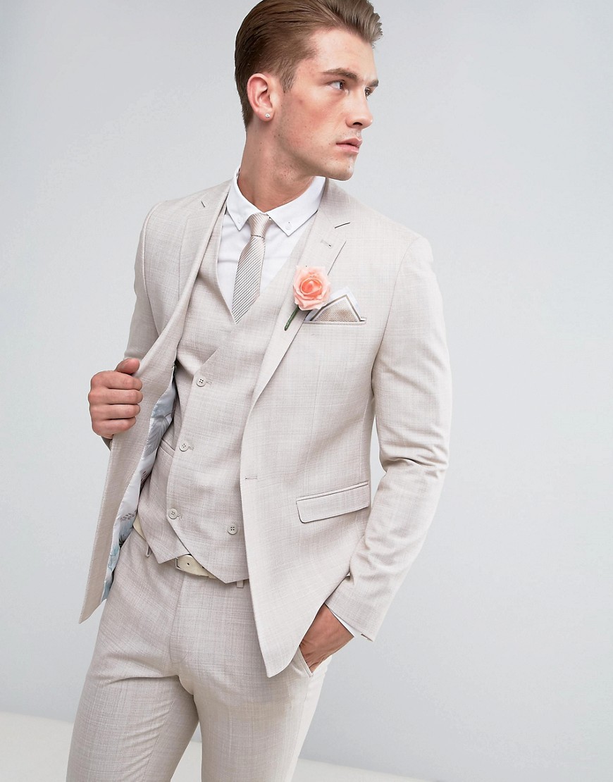 ASOS Wedding Skinny Suit Jacket in Crosshatch Nep In Putty With Floral Print Lining-Grey