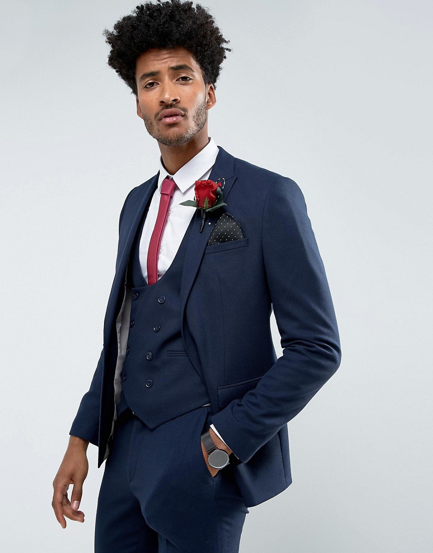 ASOS Wedding Skinny Suit Jacket in Woven Texture in Navy