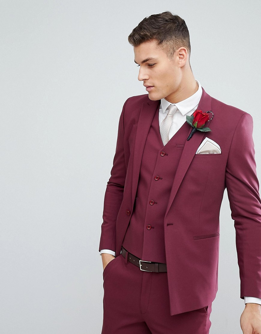 ASOS Wedding Skinny Suit Jacket With Square Hem In Wine-Red