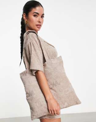 ASOS Weekend Collective ASOS Weeekend Collective tote bag in towelling with WCA burn out in neutral