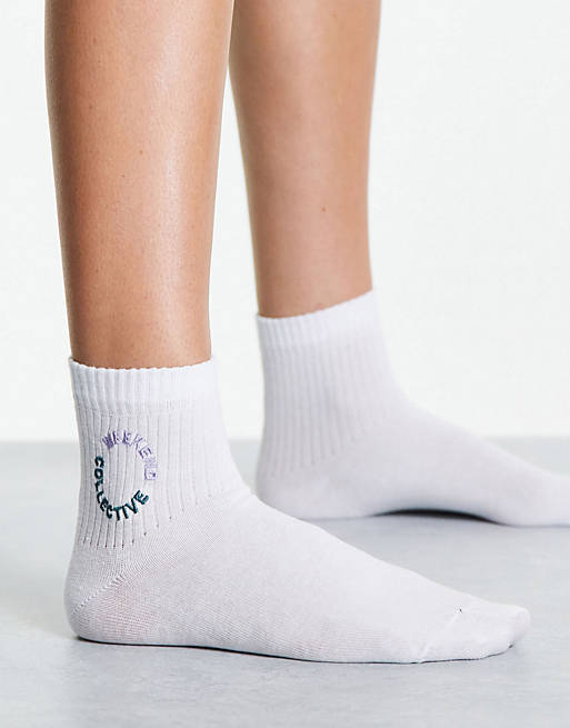 ASOS Weekend Collective ankle rib sock with embroidered logo in white