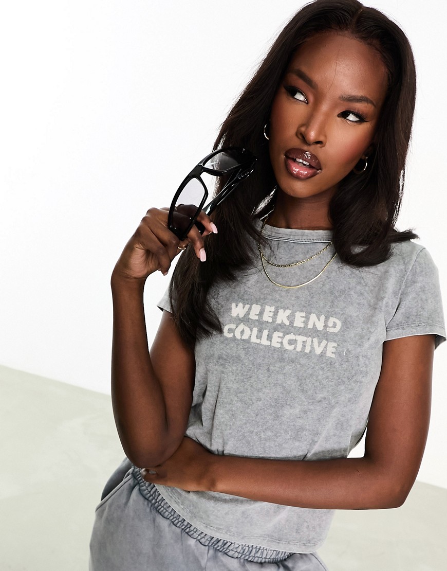 Asos Weekend Collective Baby Tee With Bleach Logo In Charcoal Acid Wash - Part Of A Set-gray