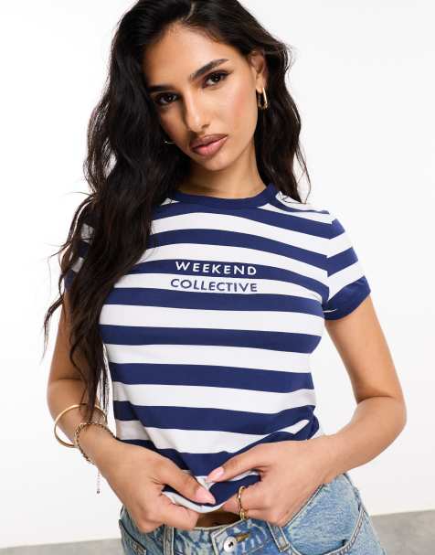 ASOS Weekend Collective baby tee with logo in navy and white stripe - view 1
