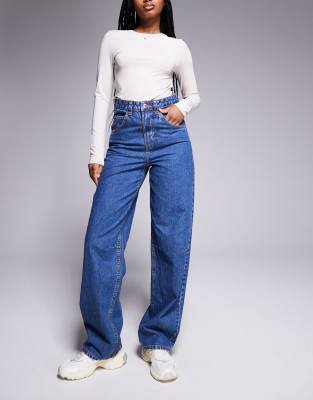 Asos Weekend Collective Baggy Fit Jeans In Mid Blue Wash