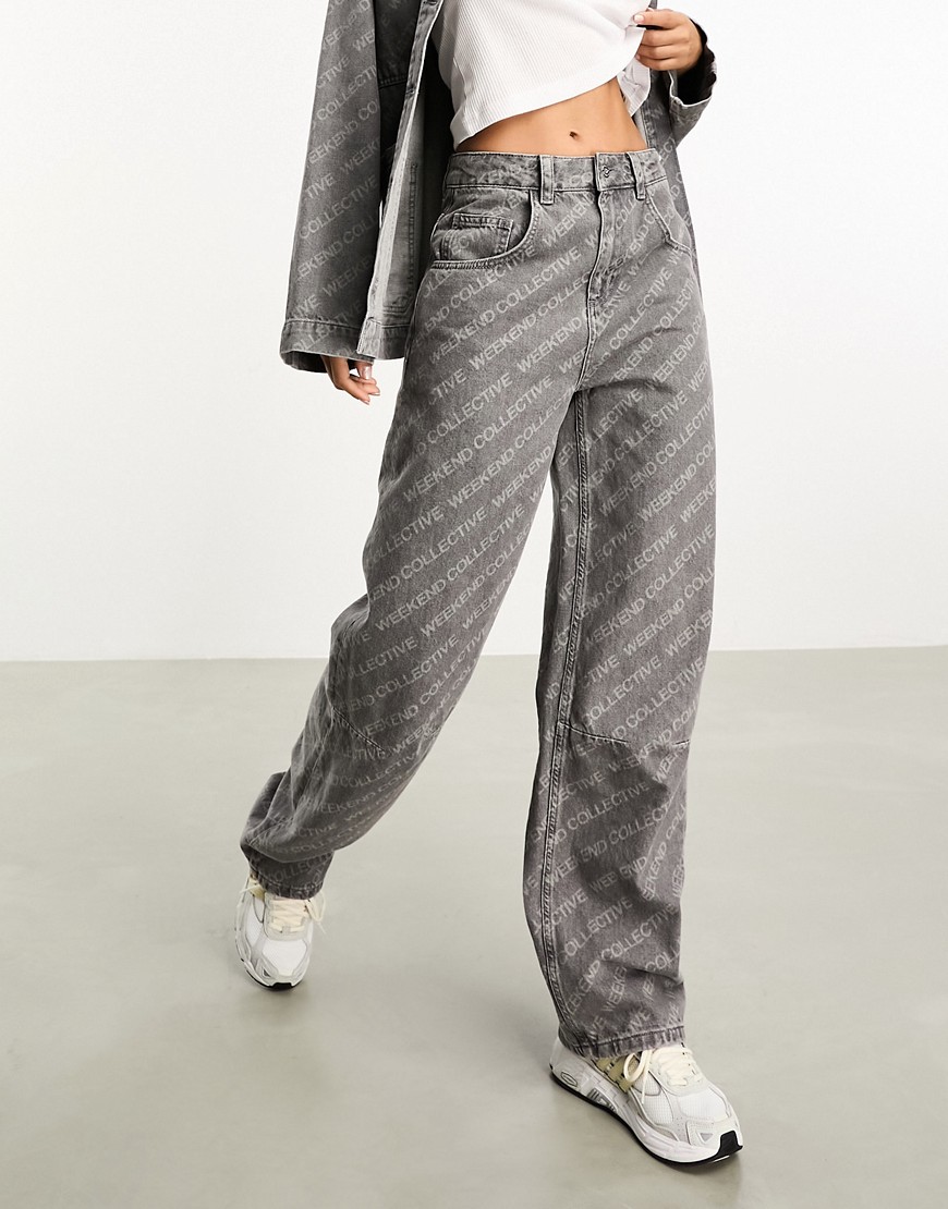baggy fit jeans with laser print in washed gray - part of a set