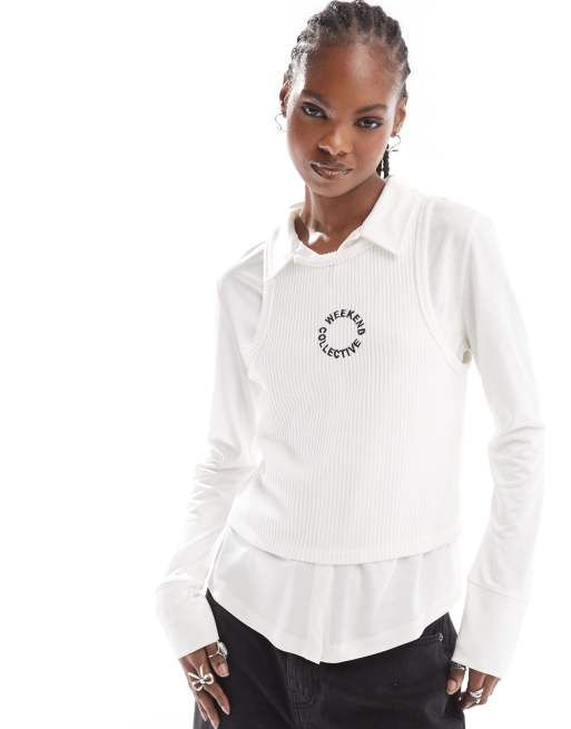 ASOS Weekend Collective – Biała dżersejowa koszula z prążkowaną kamizelką