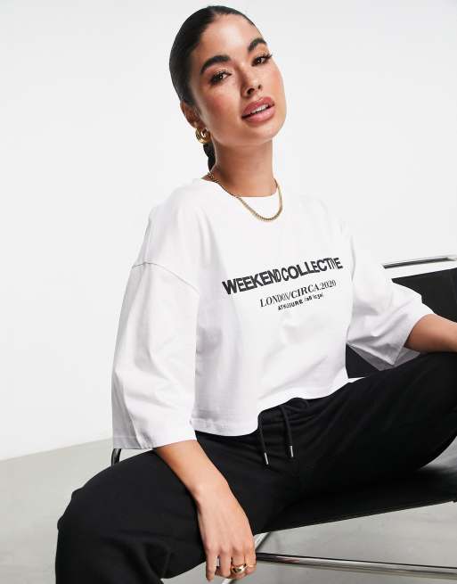 ASOS Weekend Collective – Biały krótki T-shirt o pudełkowym kroju z logo w stylu lat 90.