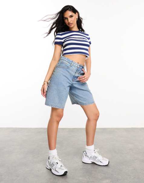 ASOS Weekend Collective – Blå, stentvättade jeansshorts i lång modell - view 1