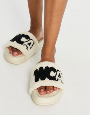 ASOS Weekend Collective borg sliders in natural - ASOS Price Checker