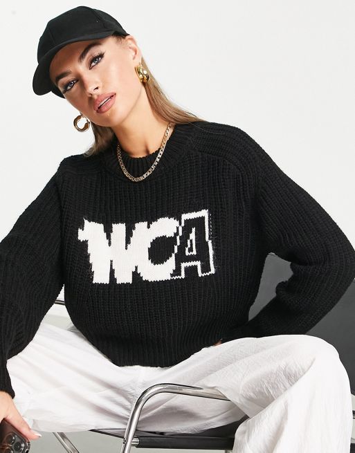 ASOS Design Super Crop Cable Sweater with High Neck and Large Sequins in Black