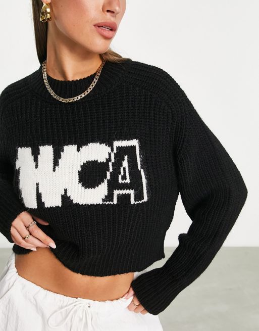 ASOS Design Super Crop Cable Sweater with High Neck and Large Sequins in Black