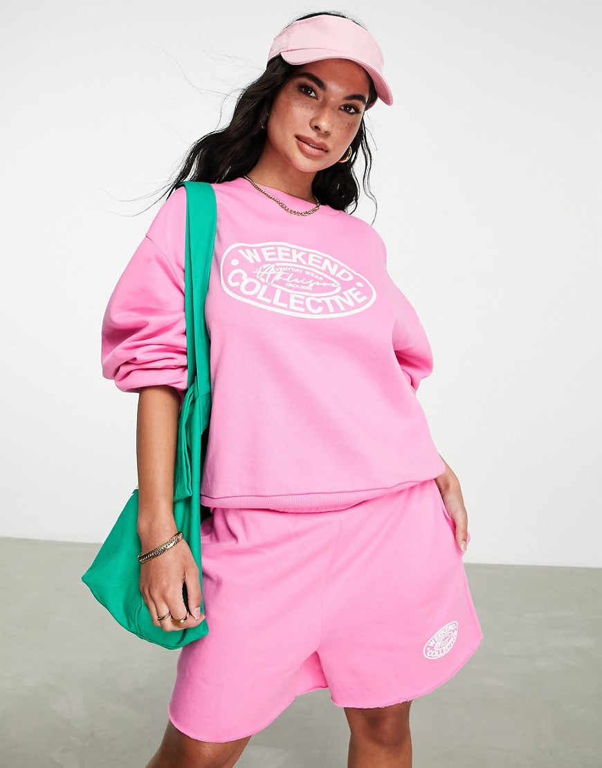 ASOS Weekend Collective boxy sweatshirt with oval logo in pink - part of a set