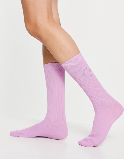 ASOS Weekend Collective calf length rib sock with embroidered logo in lilac