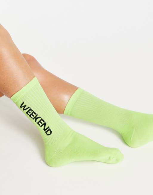 ASOS Weekend Collective calf length rib socks with horizontal split logo in lime, 4 of 4