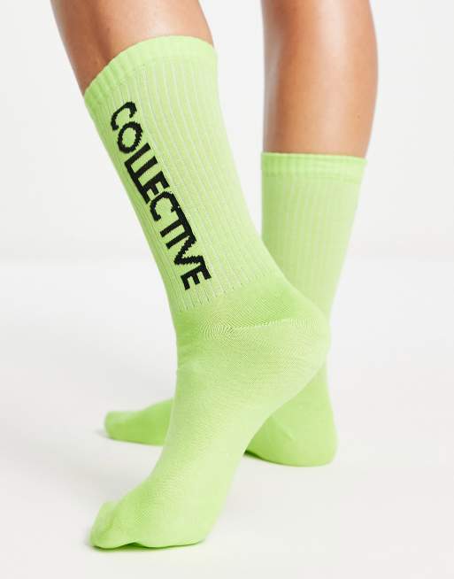 ASOS - Weekend Collective - Calzini al polpaccio color lime a coste con logo orizzontale, 2 di 4