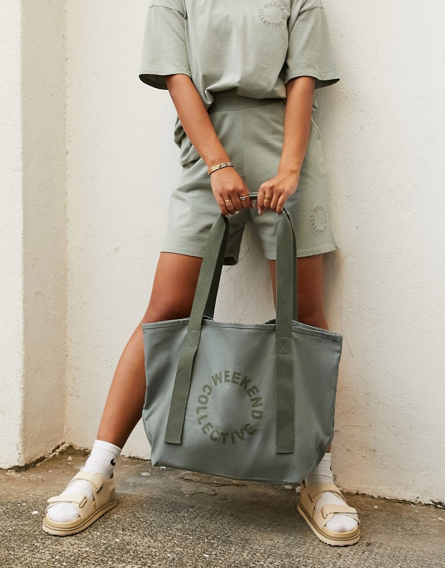ASOS Weekend Collective canvas tote bag in sage-Green