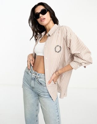 ASOS Weekend Collective oversized striped shirt in camel - ASOS Price Checker