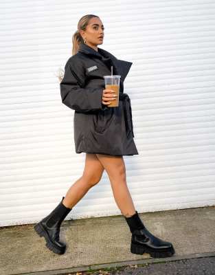 Asos Weekend Collective Clean Belted Padded Coat With Logo In Black-gray