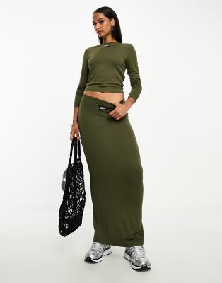 ASOS Weekend Collective ASOS Weekend Collective co-ord jersey midi skirt with woven label in olive-Green