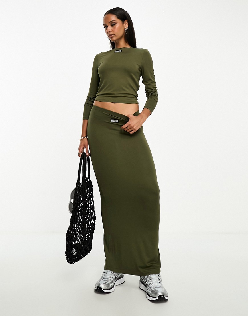 ASOS Weekend Collective co-ord jersey midi skirt with woven label in olive-Green