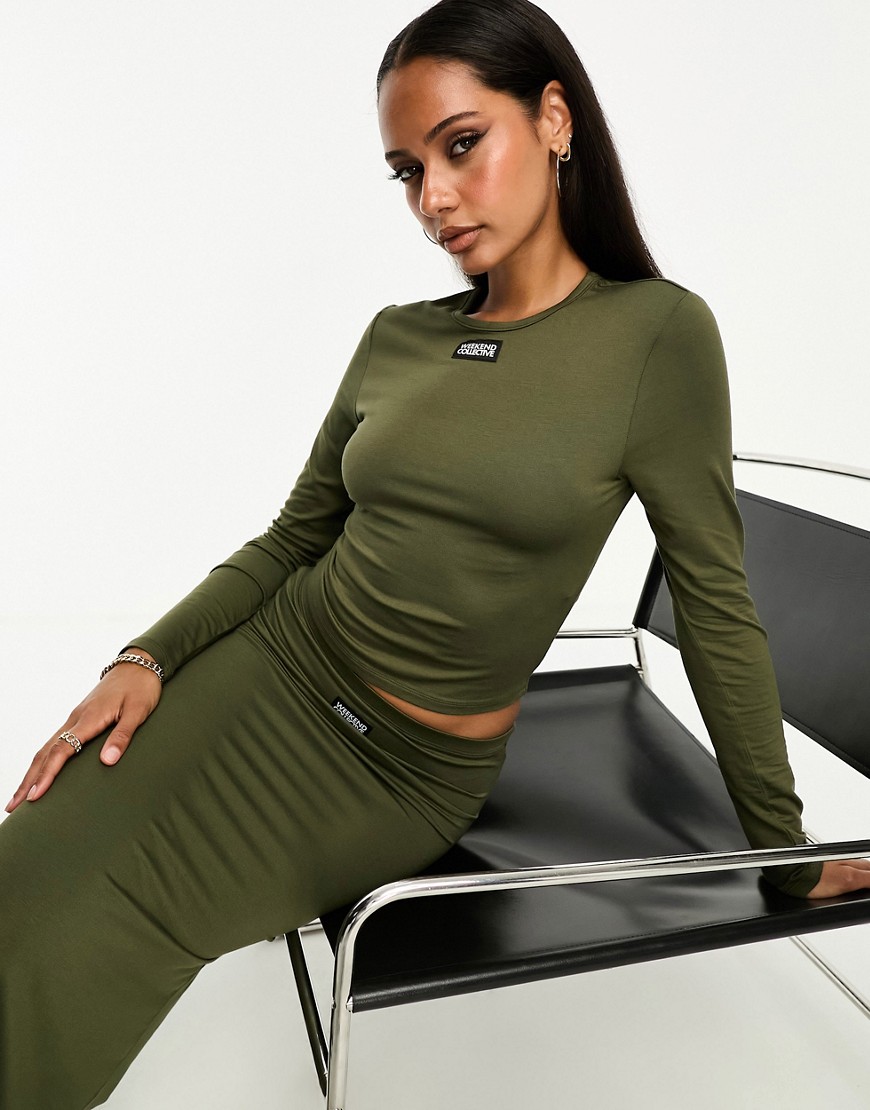 ASOS Weekend Collective co-ord long sleeve jersey top with woven label in olive-Green