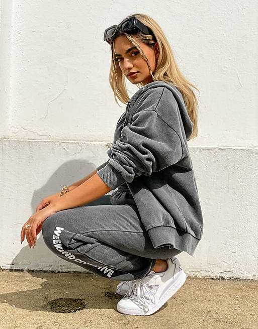 Women Collective co-ord oversized hoodie in washed charcoal with mini logo 