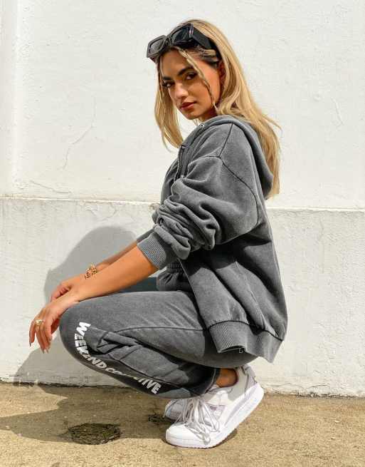 ASOS Weekend Collective co-ord oversized hoodie in washed charcoal with  mini logo | ASOS