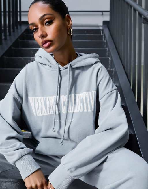 ASOS Weekend Collective co-ord oversized hoodie with varsity logo in washed  blue | ASOS