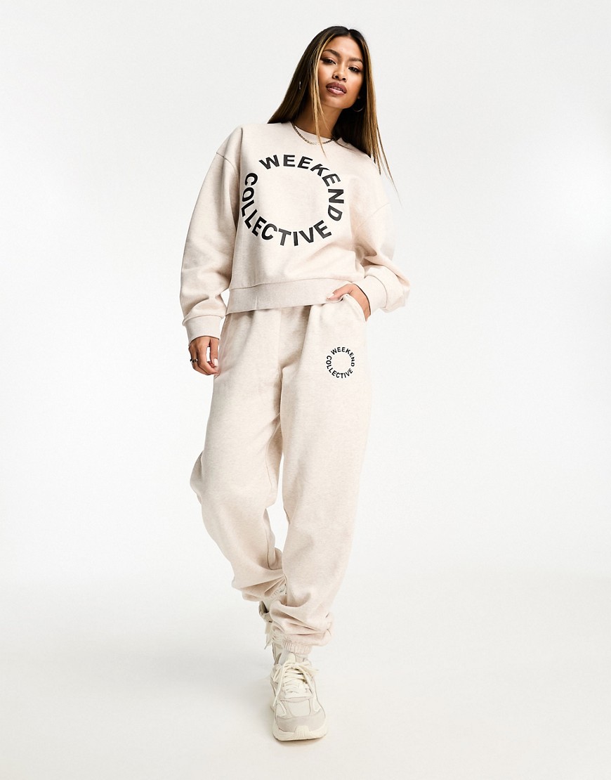 ASOS Weekend Collective co-ord oversized jogger with black logo in oatmeal marl-Neutral