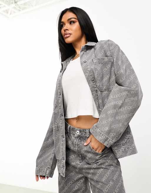 ASOS Weekend Collective co ord oversized laser print denim jacket in washed grey ASOS