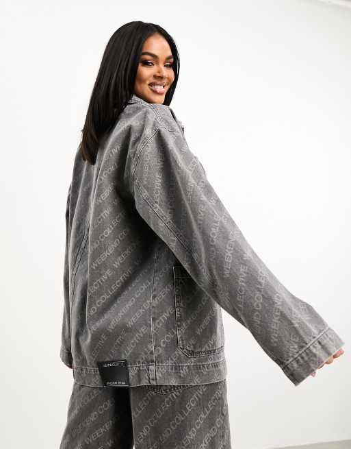 ASOS Weekend Collective co ord oversized laser print denim jacket in washed grey ASOS