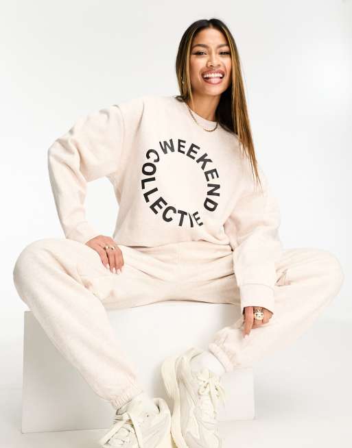 ASOS Weekend Collective co ord oversized sweatshirt with black logo in oatmeal marl