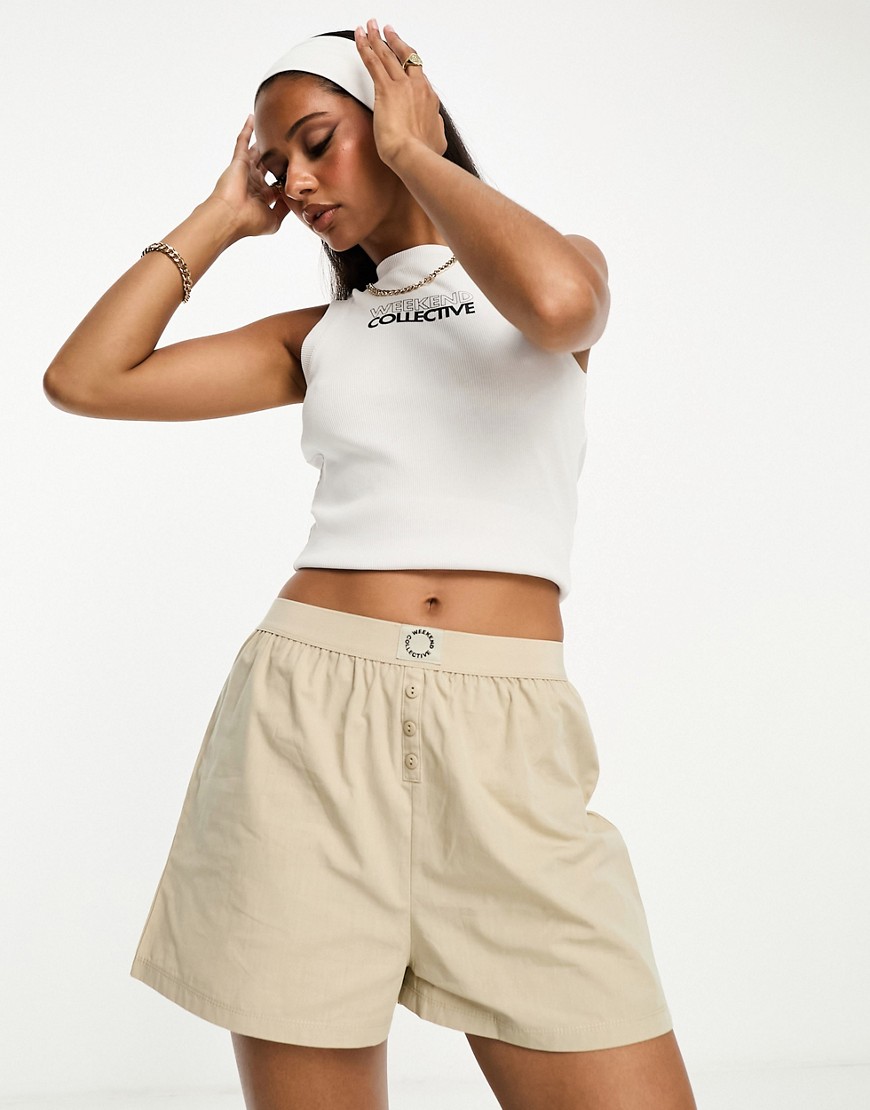 ASOS Weekend Collective co-ord shorts with circle graphic in neutral