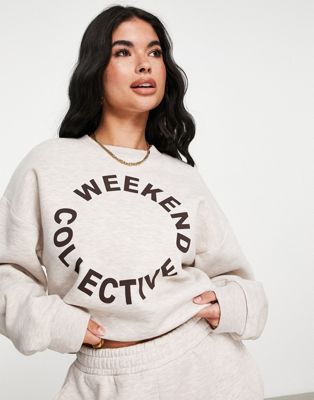 ASOS Weekend Collective co-ord sweat with round logo in oatmeal - STONE - ASOS Price Checker
