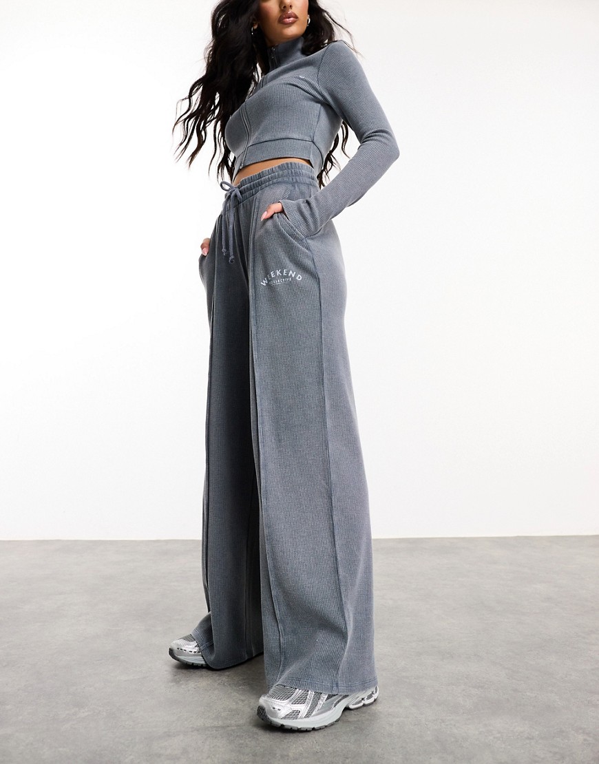 ASOS Weekend Collective co-ord waffle wide leg jogger with logo in acid washed grey