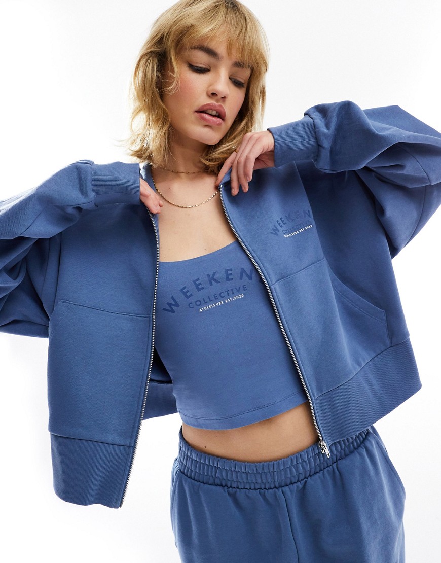 ASOS Weekend Collective co-ord zip through hoodie with logo in blue