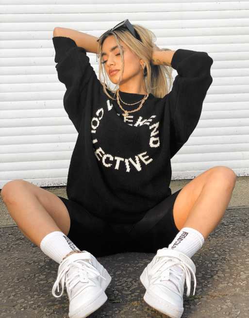 ASOS Weekend Collective oversized sweatshirt with woven logo in black