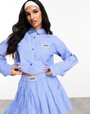 Shop Asos Weekend Collective Cropped Shirt With Woven Label In Blue Stripe - Part Of A Set