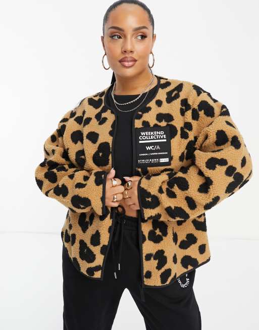 ASOS Weekend Collective Curve collarless fleece in leopard print with woven label
